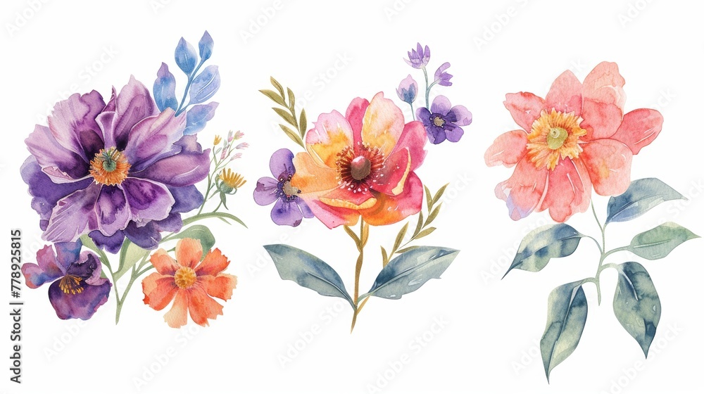 The watercolor flowers set consists of an abstract botanical illustrations bundle isolated on white flowers, suitable for wedding stationery, greeting cards, banners and other print projects.