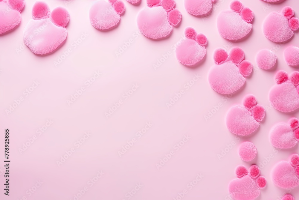 Pink paw prints on a background, minimalist backdrop pattern with copy space for design or photo, animal pet cute surface 
