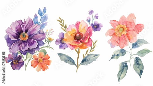 The watercolor flowers set consists of an abstract botanical illustrations bundle isolated on white flowers, suitable for wedding stationery, greeting cards, banners and other print projects.