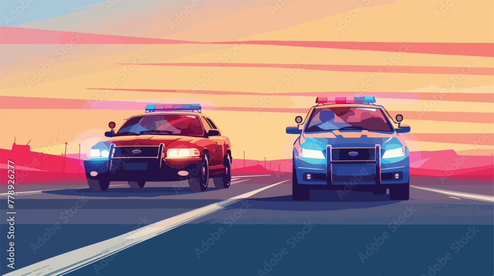 Police chasing car. cartoon illustration 2d flat ca