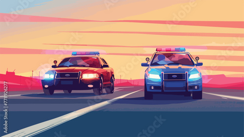 Police chasing car. cartoon illustration 2d flat ca