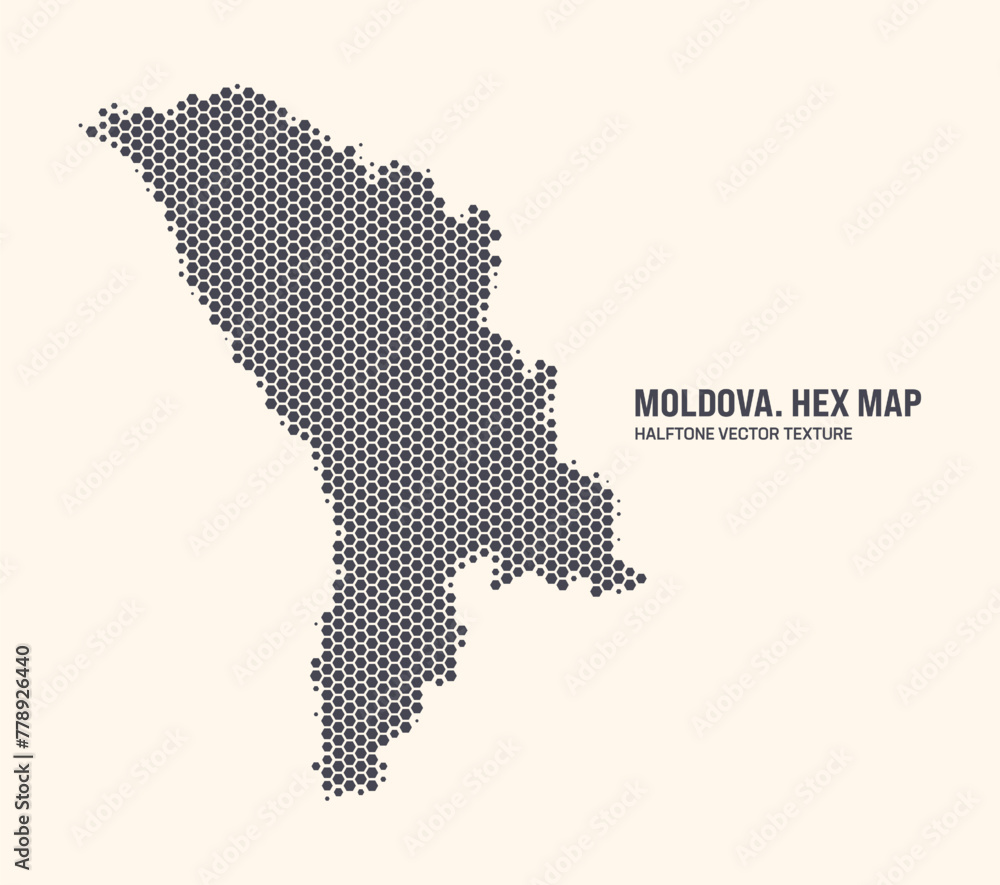 Moldova Map Vector Hexagonal Halftone Pattern Isolate On Light Background. Hex Texture in the Form of a Map of Moldova. Modern Technological Contour Map of Moldova for Design or Business Projects