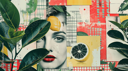 Abstract Citrus Beauty - Woman Portrait, Vintage Collage Art with Lemon Elements © Yulia