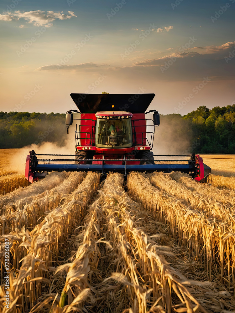 Fototapeta premium A combine harvester in the field harvests wheat. Harvest festival, autumn field cleaning, grain crops