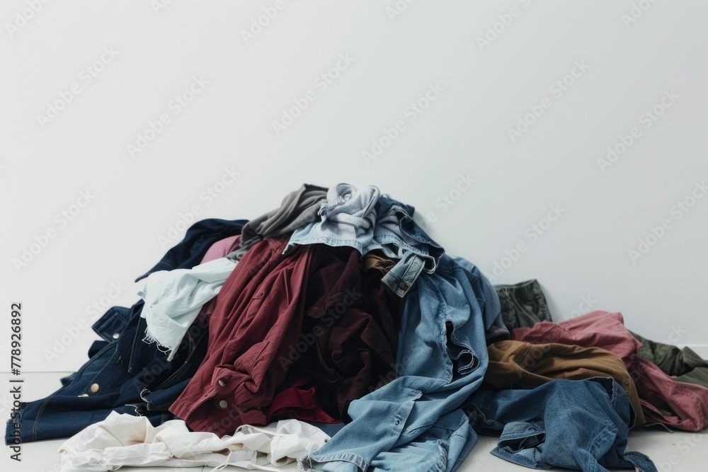 Messy pile of clothes on floor in front of white wall in room, cluttered and disorganized laundry stack concept Messy pile of clothes on floor in front of white wall in room, cluttered and disorganized laundry stack concept