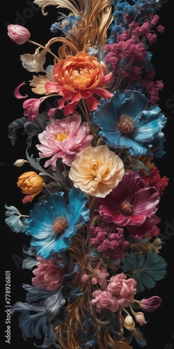 explosion of vivid flowers blooms boldly against a dark, mysterious background, creating a striking visual contrast