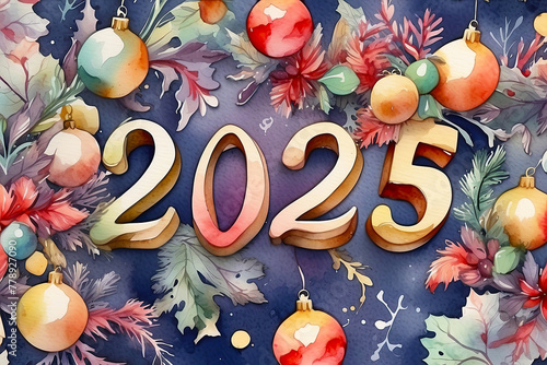 Happy New Year watercolour- wooden letters and the numbers 2025 on festive Christmas background with sequins, stars, snow. Greetings, postcard. Calendar, cover. 