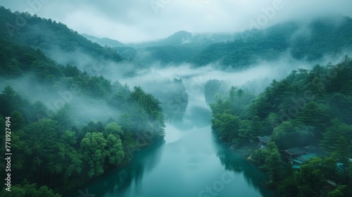  A river, bordered by trees in a dense forest, flows through fog, and a house is situated on the opposite bank