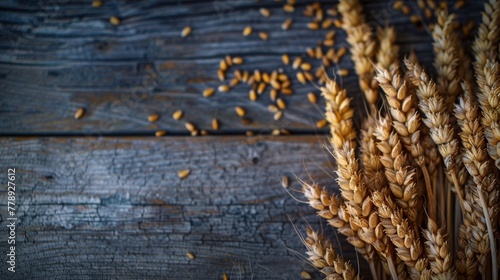 Close-up macro shot of organic wheat grains placed on a rustic wooden table.