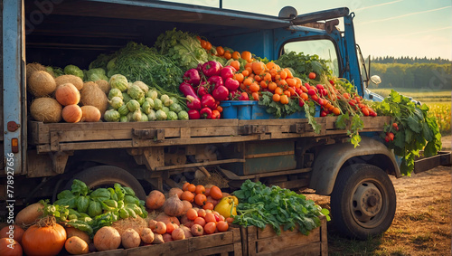 Old truck with an autumn harvest of vegetables and herbs on a plantation - a harvest festival, a roadside market selling natural eco-friendly farm products. photo