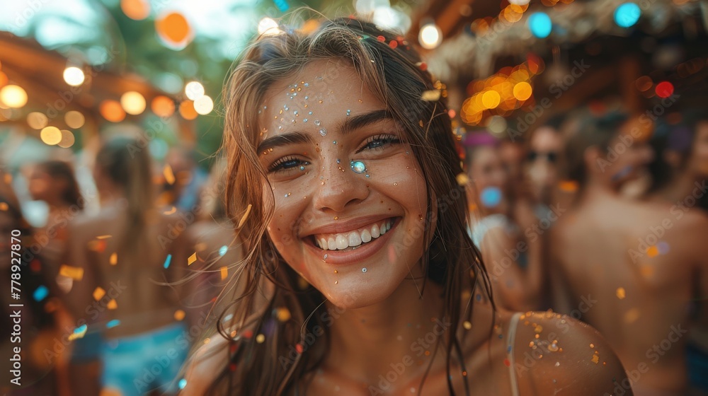 Joyful young woman with glitter on her face enjoying a summer festival party outdoors. Joyful young woman with glitter on her face enjoying a summer festival party outdoors.