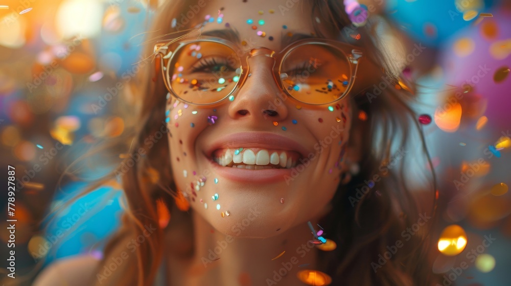 Joyful young woman with glitter on her face enjoying a summer festival party outdoors. Joyful young woman with glitter on her face enjoying a summer festival party outdoors.