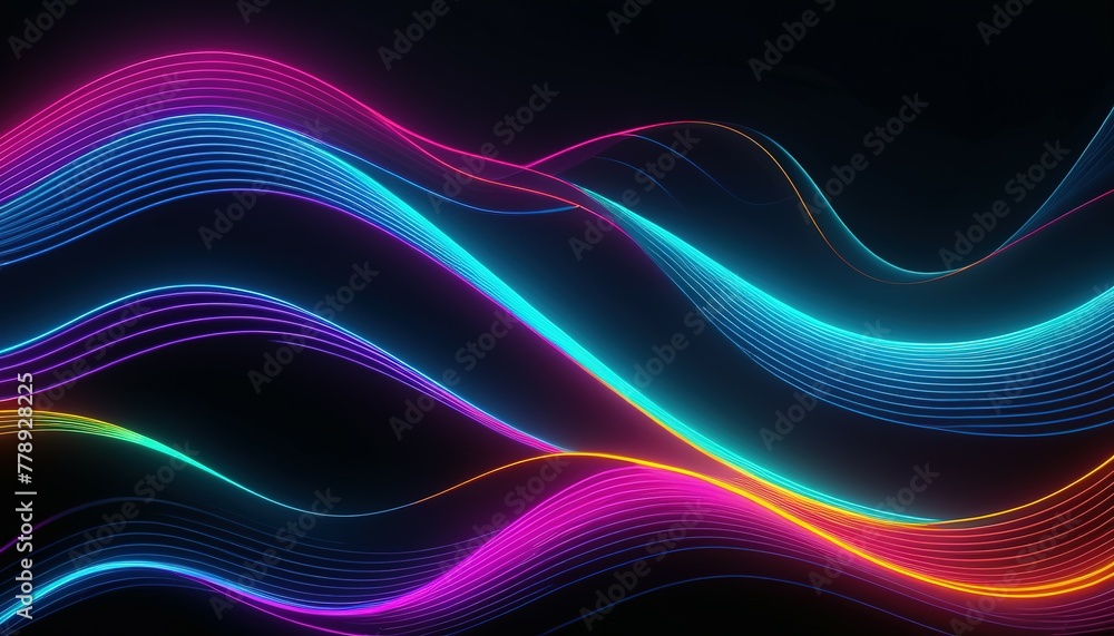 Obraz premium Big Neon Wave. colorful neon line wave glowing in dark, modern simple wallpaper, liquid shapes abstract background. Abstract background with color gradient light waves Backgrounds