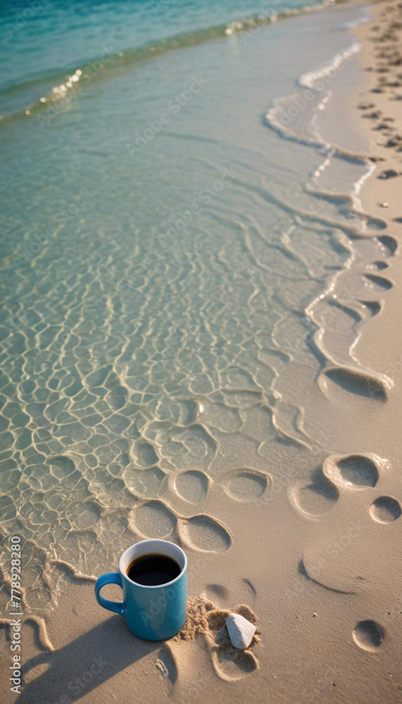 cup of coffee on a paradisiac beach cup of coffee on a paradisiac beach
