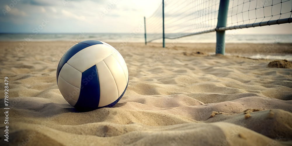Volleyball ball on the sand, volleyball net in the background