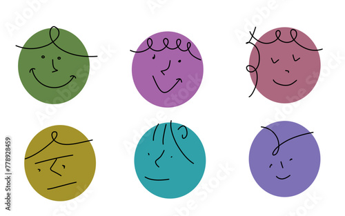 Round abstract comic face with various Emotions. Crayon drawing style. Different colorful characters. Cartoon style. Flat design. Hand drawn trendy Vector illustration.