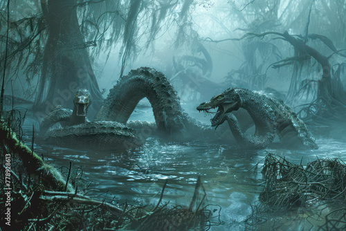 Monstrous Hydra slithers through murky swamp, heads raised.