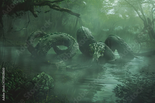 Monstrous Hydra slithers through murky swamp  heads raised.