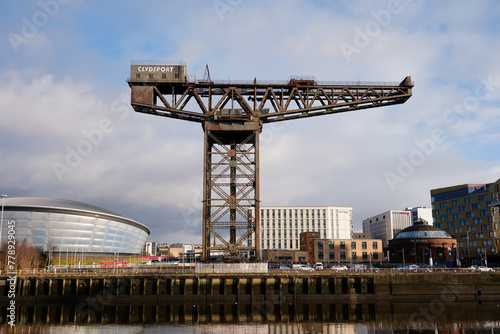 Glasgow Scotland: 13th Feb 2024: Finnieston Crane on a sunny golden hour morning. Banks of the River Clyde. Rotunda and Hydro