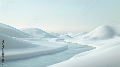 3D render clay style serene pastel river meandering through a minimalist landscape, evoking peace and simplicity, HD, 4K