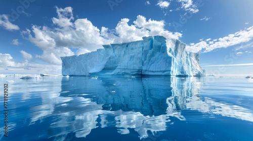   A massive glacier bobbing atop a tranquil aqua expanse beneath a sapphire sky with fluffy cotton-like clouds © Olga