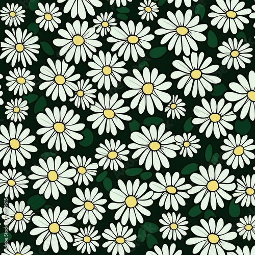 Green and white daisy pattern  hand draw  simple line  flower floral spring summer background design with copy space for text or photo backdrop 