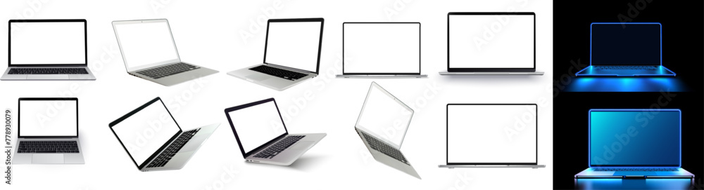 Naklejka premium Laptop mock up with transparent screen isolated background. Flying laptop mock up. Vector illustration