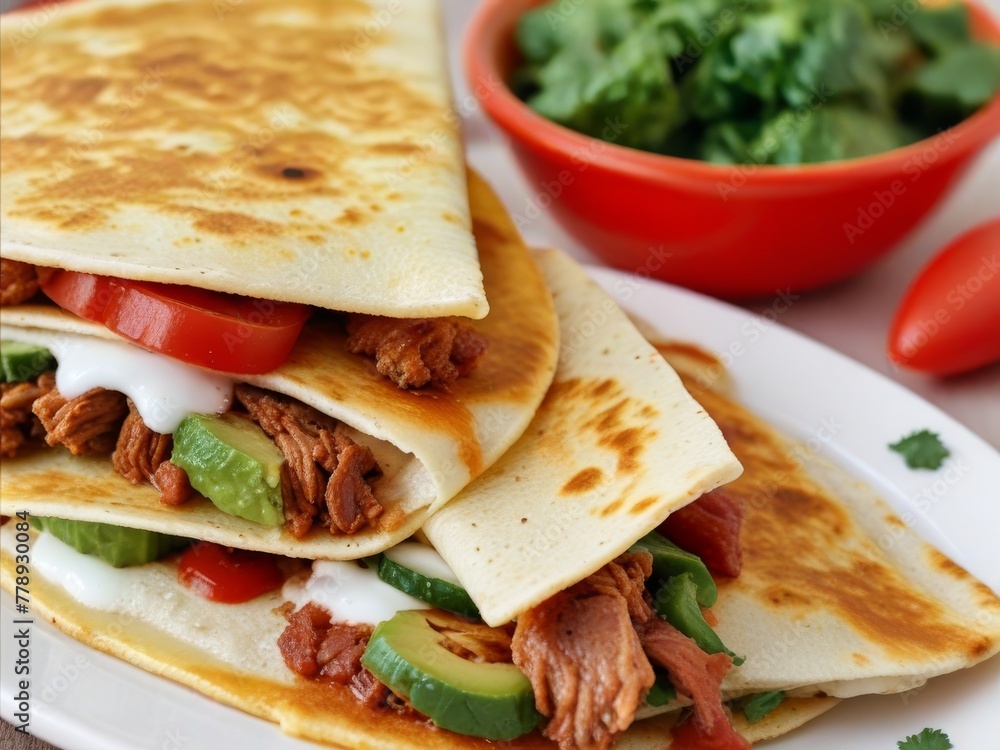 A mouthwatering display of quesadillas sizzling on a hot griddle, oozing with melted cheese and filled with savory meats like shredded chicken A mouthwatering display of quesadillas sizzling on a hot griddle, oozing with melted cheese and filled with savory meats like shredded chicken