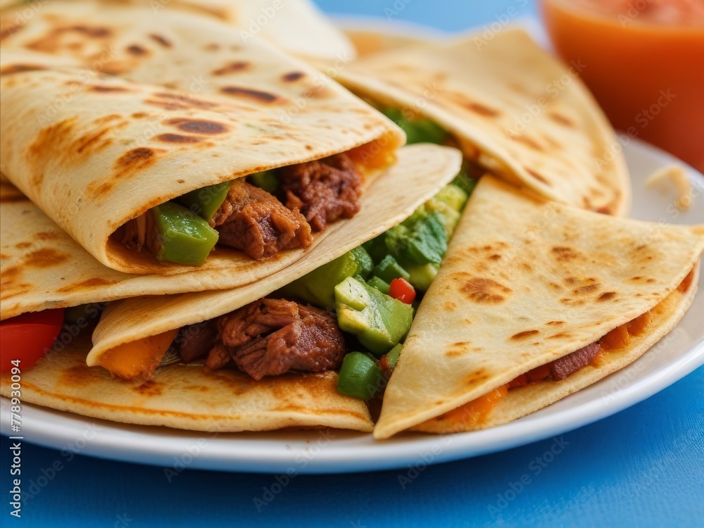 A mouthwatering display of quesadillas sizzling on a hot griddle, oozing with melted cheese and filled with savory meats like shredded chicken A mouthwatering display of quesadillas sizzling on a hot griddle, oozing with melted cheese and filled with savory meats like shredded chicken