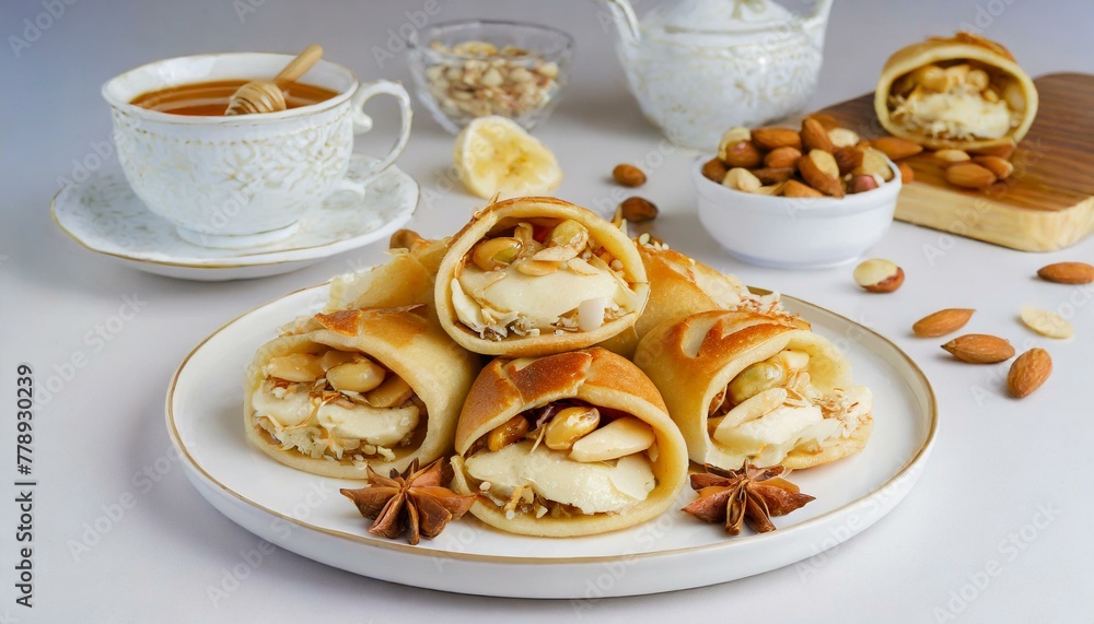 Qatayef are stuffed pancakes are folded into half-moon shapes and filled with sweetened cheese, nuts, or a mixture of both. Qatayef is commonly enjoyed during Ramadan and Eid. Qatayef are stuffed pancakes are folded into half-moon shapes and filled with sweetened cheese, nuts, or a mixture of both. Qatayef is commonly enjoyed during Ramadan and Eid.