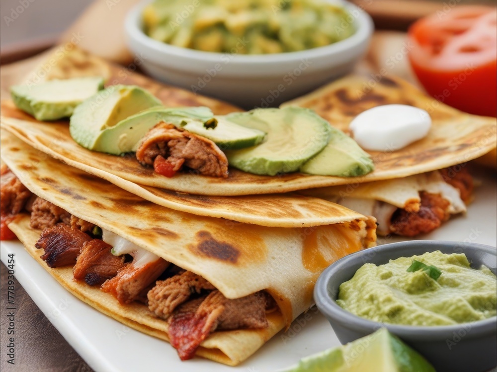 A mouthwatering display of quesadillas sizzling on a hot griddle, oozing with melted cheese and filled with savory meats like shredded chicken A mouthwatering display of quesadillas sizzling on a hot griddle, oozing with melted cheese and filled with savory meats like shredded chicken