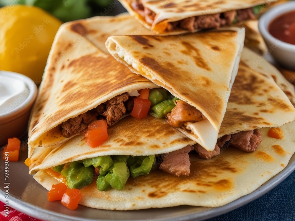 A mouthwatering display of quesadillas sizzling on a hot griddle, oozing with melted cheese and filled with savory meats like shredded chicken A mouthwatering display of quesadillas sizzling on a hot griddle, oozing with melted cheese and filled with savory meats like shredded chicken