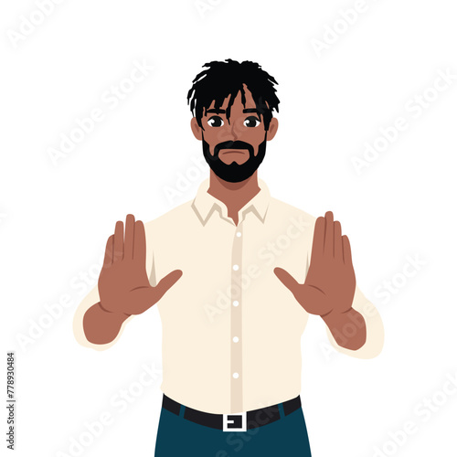 Young black man show no hand gesture. Serious male demonstrate stop sign. Flat vector illustration isolated on white background