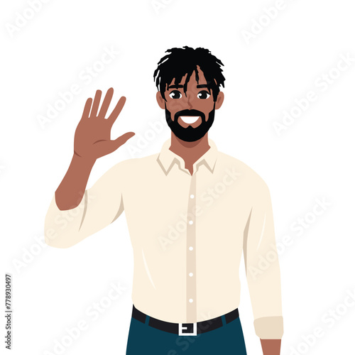 Young black man saying hello and waving with hand. Hi or bye gesture. Flat vector illustration isolated on white background