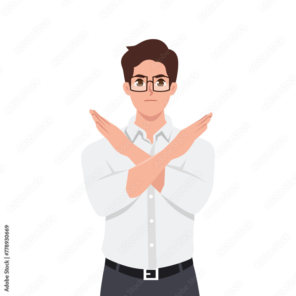 Angry man standing with the crossed arms, no sign. Refuse gesture. Flat vector illustration isolated on white background Angry man standing with the crossed arms, no sign. Refuse gesture. Flat vector illustration isolated on white background