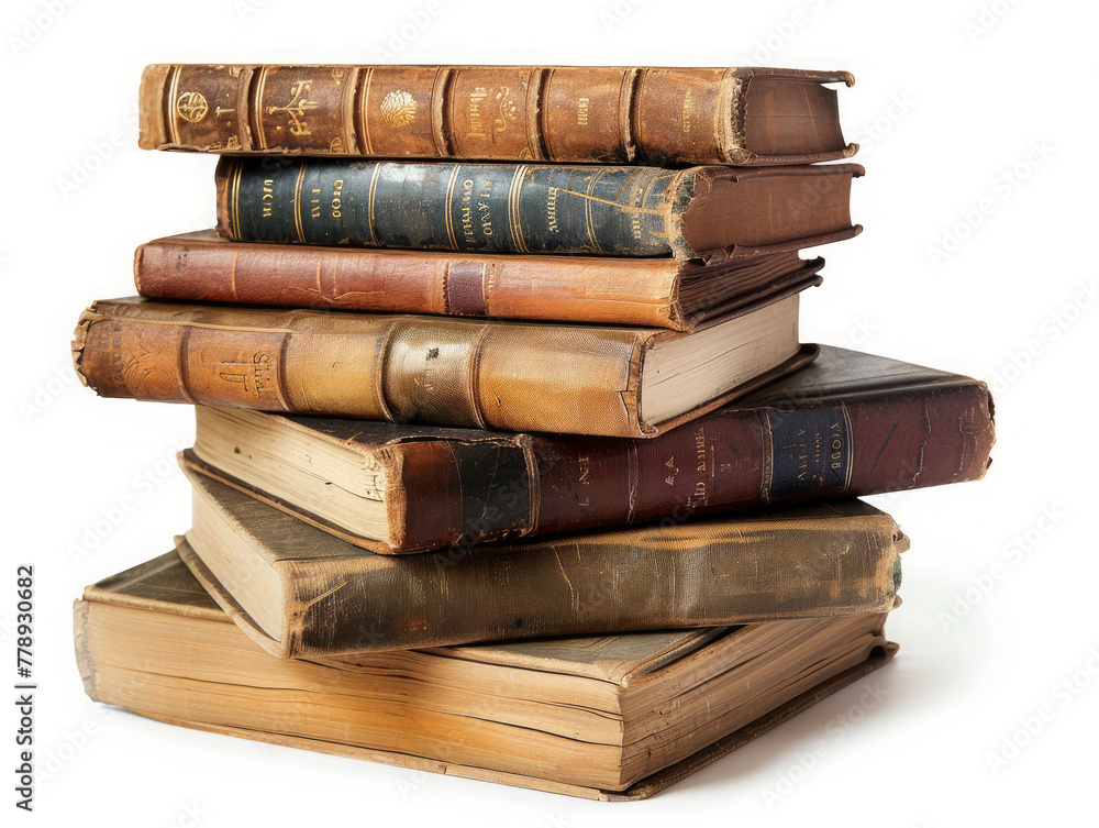 A stack of old books with a white background. The books are old and worn, and they are piled on top of each other. The books are of different sizes and colors, and they appear to be of various genres A stack of old books with a white background. The books are old and worn, and they are piled on top of each other. The books are of different sizes and colors, and they appear to be of various genres