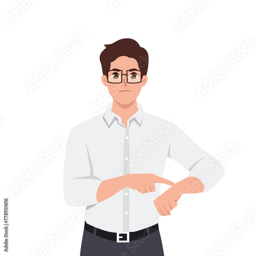 Dissatisfied man shows on the clock. Hurry up. Deadline. Impatient boss. Flat vector illustration isolated on white background