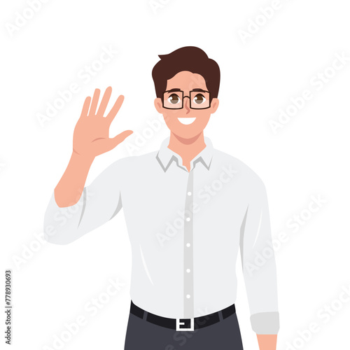 Young man saying hello and waving with hand. Hi or bye gesture. Flat vector illustration isolated on white background