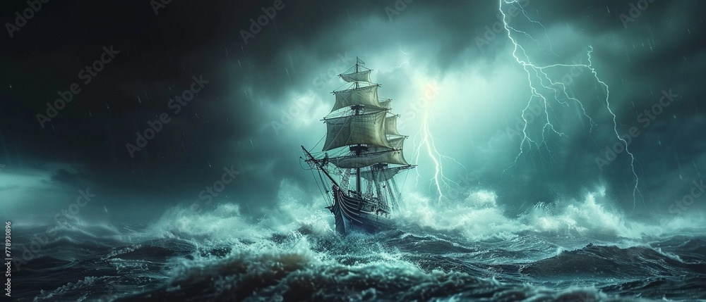A pirate ship navigating turbulent waves under a dark and ominous sky, with lightning striking in the distance ,3DCG,high resulution,clean sharp focus A pirate ship navigating turbulent waves under a dark and ominous sky, with lightning striking in the distance ,3DCG,high resulution,clean sharp focus