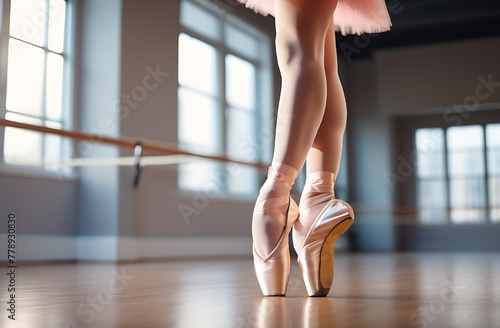 Dancing legs of ballerina wearing white pointes in ballet class photo
