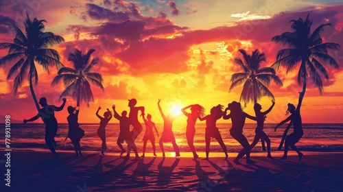 Summer sunset beach party with joyful dancing silhouettes
