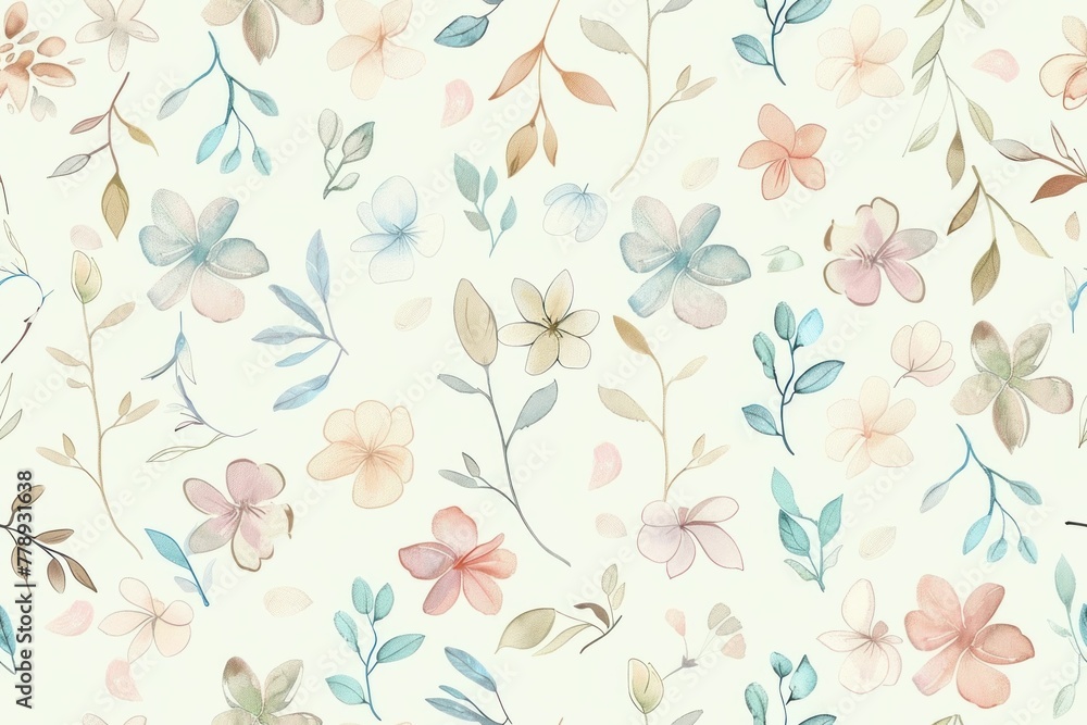 Beautiful Watercolor Floral Pattern with Delicate Flowers and Leaves on White Background for Seamless Design or Textile Printing