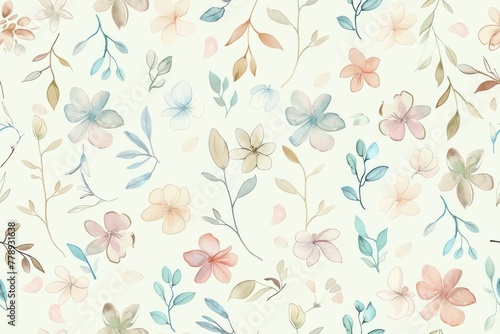 Beautiful Watercolor Floral Pattern with Delicate Flowers and Leaves on White Background for Seamless Design or Textile Printing