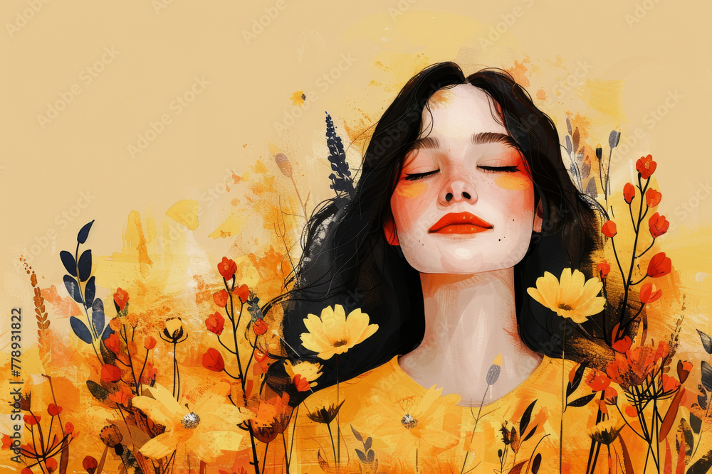 Serene Woman Surrounded by Vibrant Floral Illustration