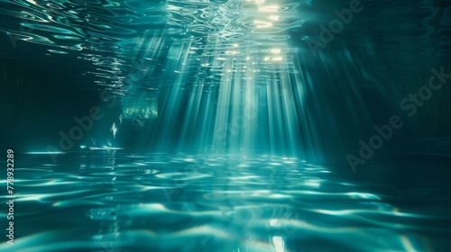 This is a 3D render of a swimming pool with colorful sunrays shining through it and underwater caustic. photo