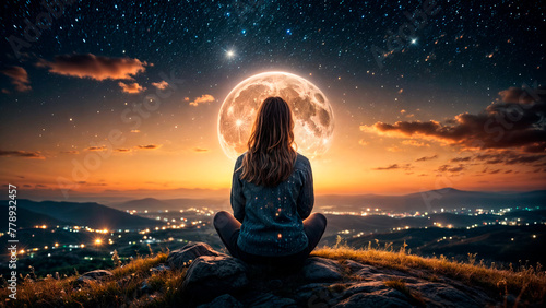Woman admiring the night sky and moon