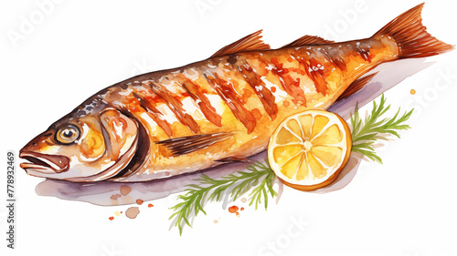 Hand drawn cartoon delicious grilled fish watercolor illustration material
 photo