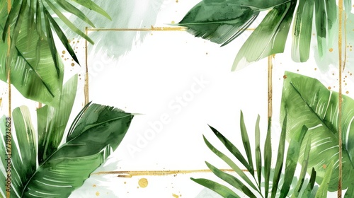 Abstract watercolor illustration with square frames  tropical palm leaves and golden brushstrokes isolated on white