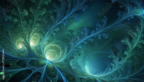 A digitally generated image showcasing intricate fractal patterns that resemble lush vegetation, spiraling into two luminescent cores with a mystical ambiance
