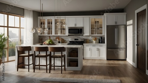 All the appliances are in a big kitchen with white cabinets and a sizable island. rendering in three dimensions. The room is decorated with tall wooden cabinets, a chandelier over the island, and wood